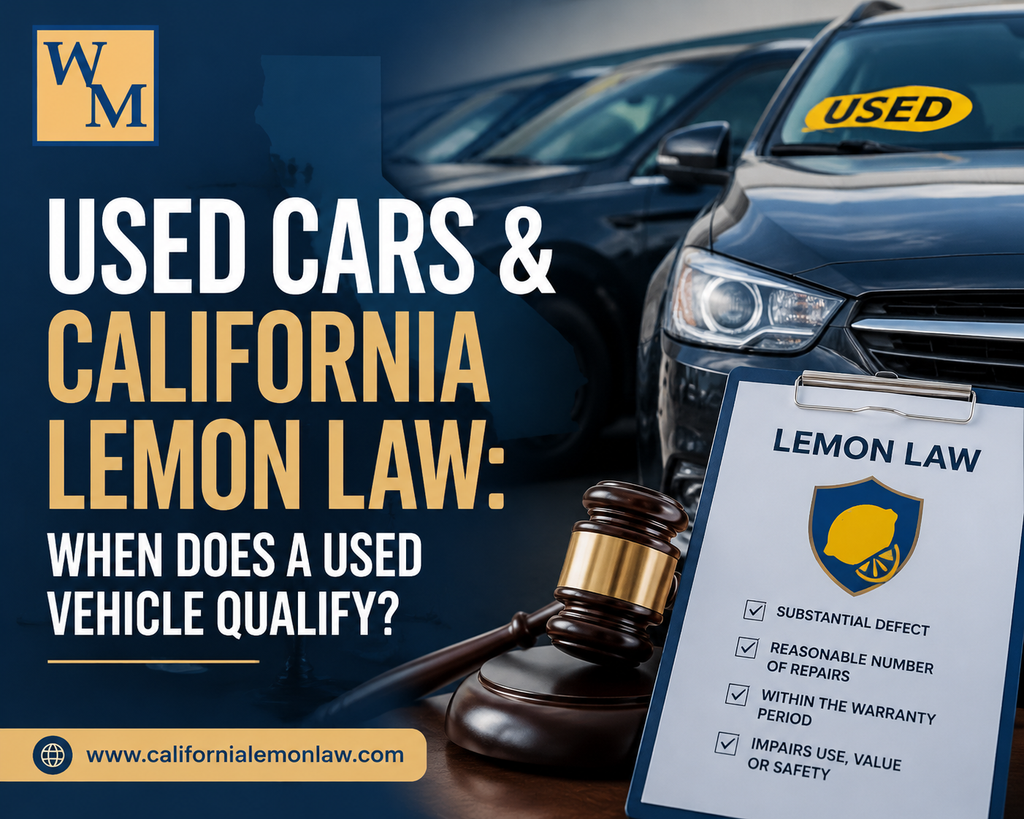 Used car dealership vehicle with California Lemon Law checklist showing when a used vehicle may qualify for lemon law protection