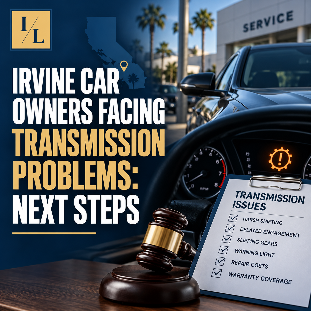 Irvine car owners facing transmission problems and California Lemon Law claims, illustrated with a vehicle, warning light, and legal gavel.